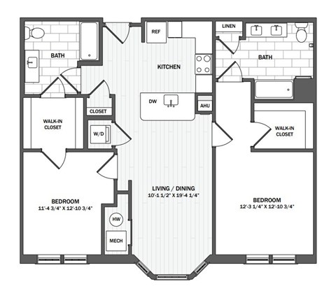 Floor plan for 2 beds, 2 baths, 1134 sqft